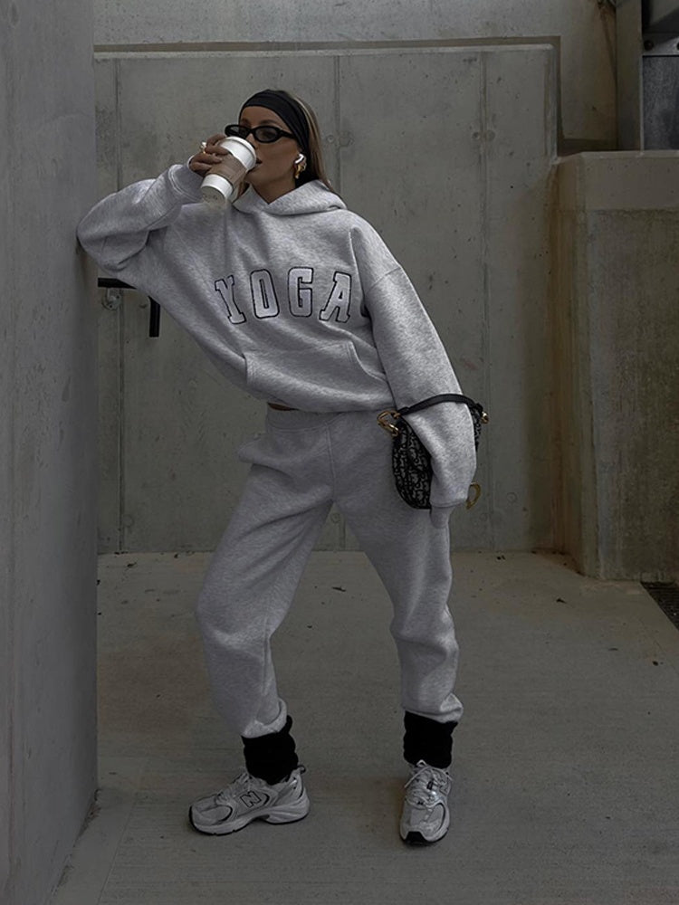 Grey Embroidered YOGA Letter Print Oversized Hooded Sweatshirt