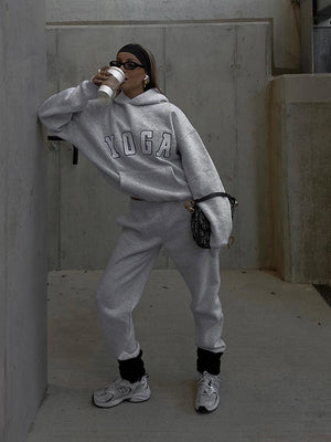 Grey Embroidered YOGA Letter Print Oversized Hooded Sweatshirt