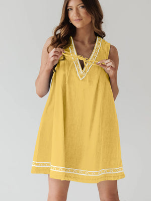 Denim Embroidery Openwork Tie V-neck Sleeveless Mini&Short Dresses
