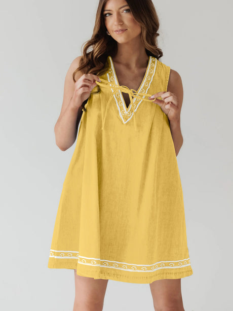 Denim Embroidery Openwork Tie V-neck Sleeveless Mini&Short Dresses