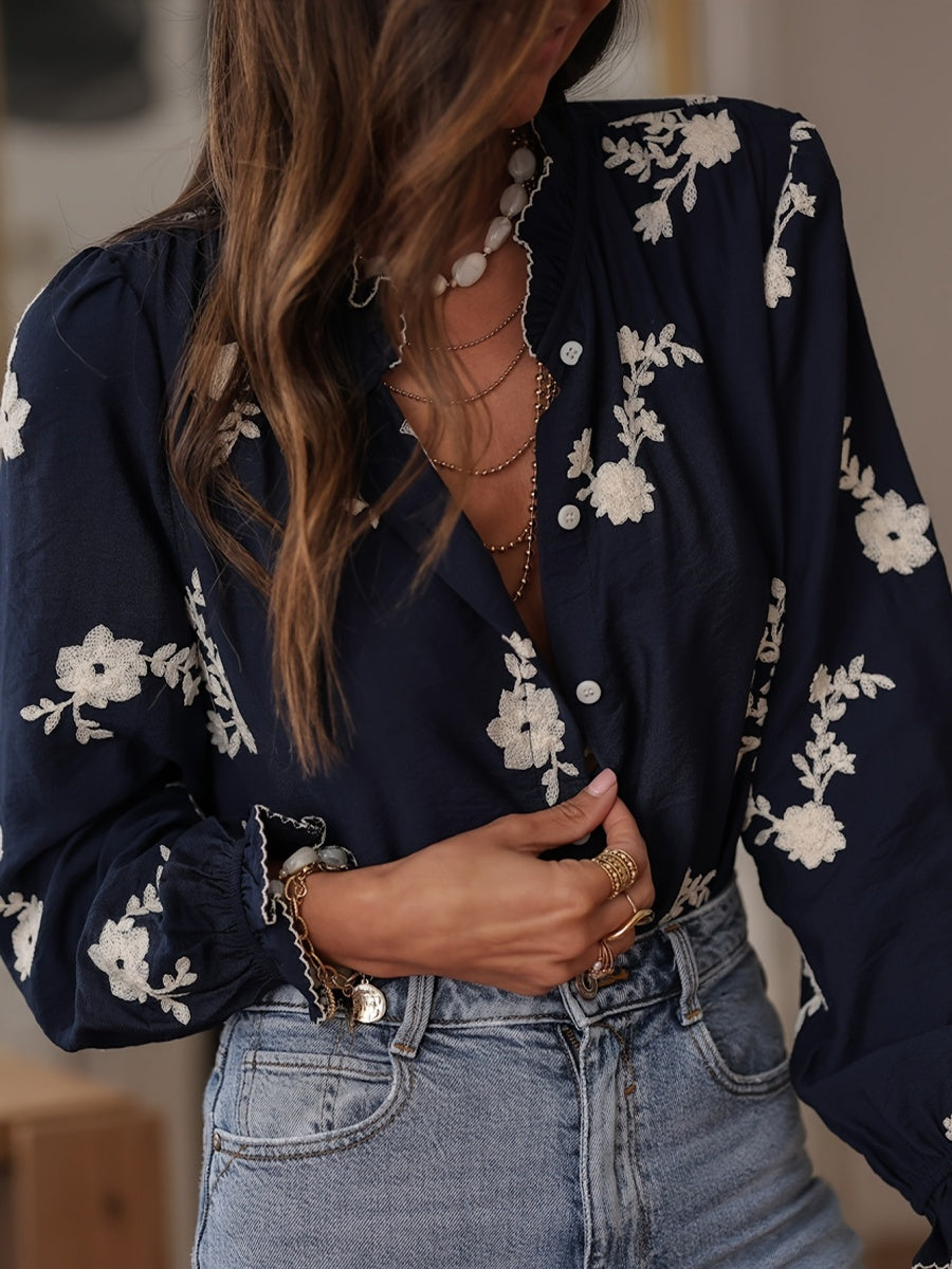 Floral Embroidery Color-blocked V-neck Lantern Sleeve Shirt