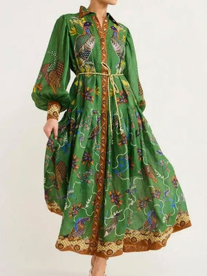 Retro Printed Lantern Sleeves Waist Long Sleeves Maxi Dresses