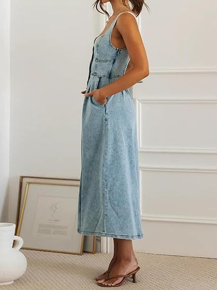 Blue Denim Distressed Overalls, Single-breasted Button Midi Dress