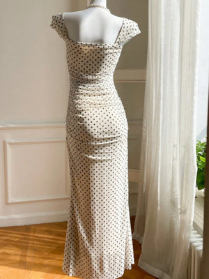 Polka Dot Ruched Mesh Fishtail Maxi Dress