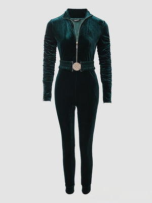 Velvet Zipper Metal Belt Jumpsuit