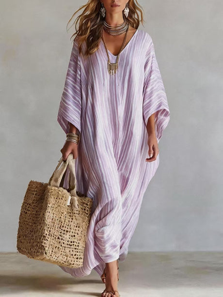 Striped Digital Print V-neck Three-quarter Sleeve Long Dress