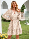 V-neck, Jacquard, Elastic Waist, Full Skirt, Long Sleeves, Ruffled Hem Short Dress