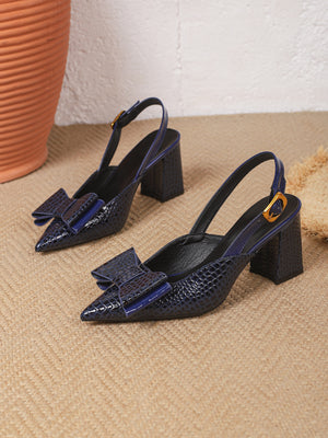Bow-tie Pointed-toe Embossed Patchwork Open-back High Heels