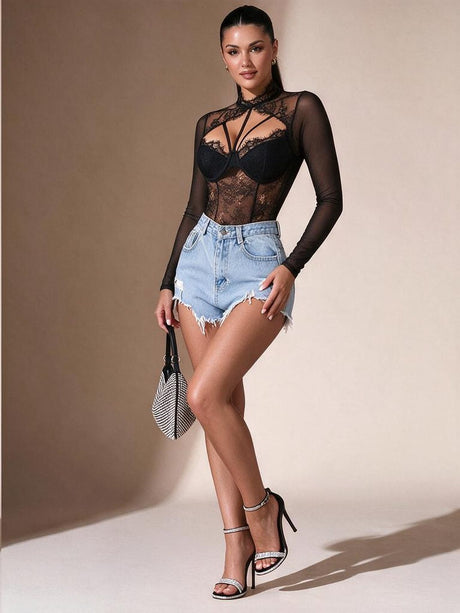 Openwork Lace Round Neck Lace Underwire Long Sleeves Slim-fit Bodysuits