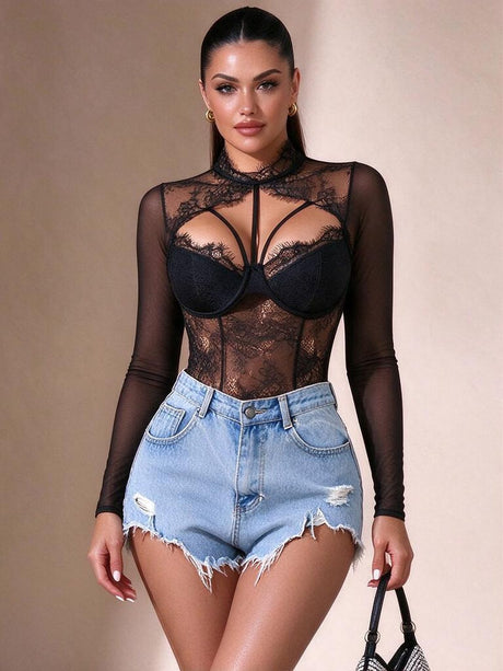 Openwork Lace Round Neck Lace Underwire Long Sleeves Slim-fit Bodysuits