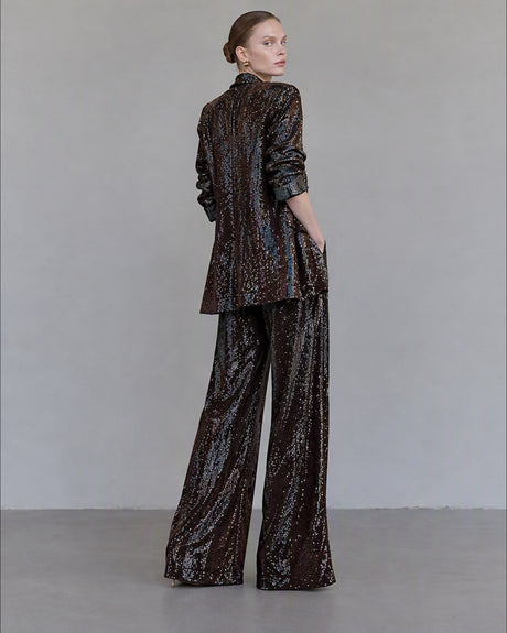 Sequins Small Suit High Waist Casual Straight Leg Pants 2-piece Sets