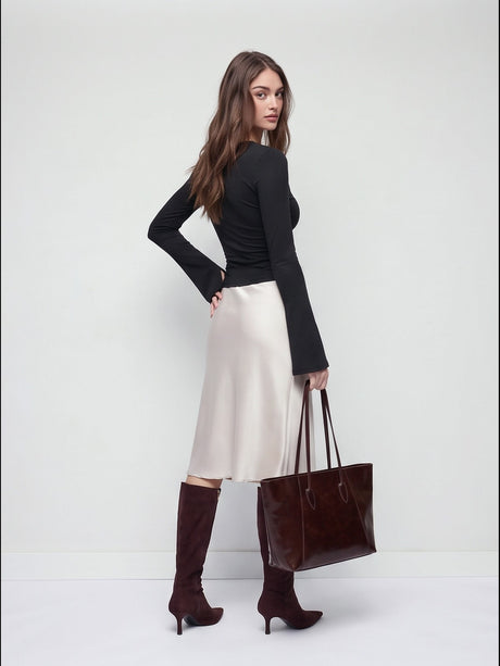 V-neck, Off-shoulder, Two-way Design, Slim Fit, Pleated, Irregular Long-sleeved T-shirt
