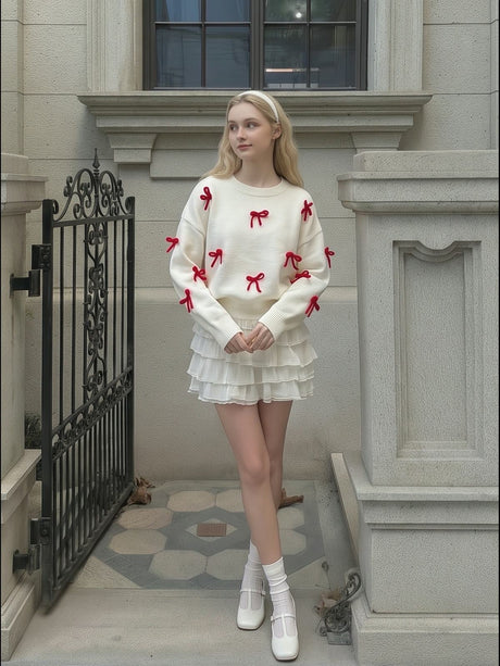 Christmas White Headgear 3D Bow Sweaters