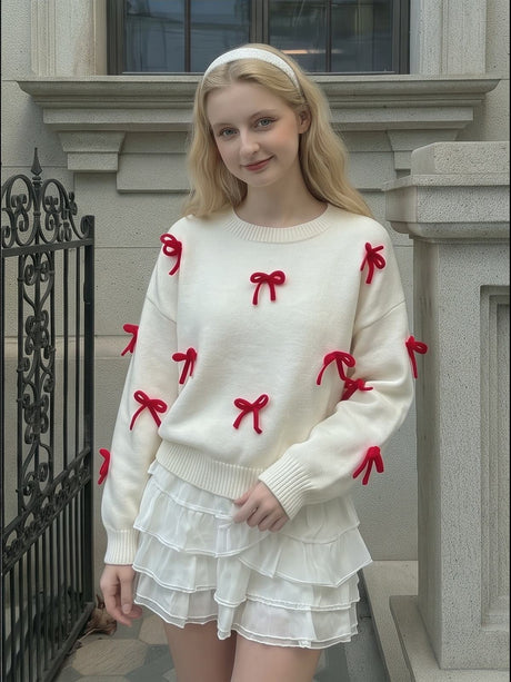 Christmas White Headgear 3D Bow Sweaters