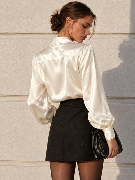 Satin V-neck Long Sleeves Blouse