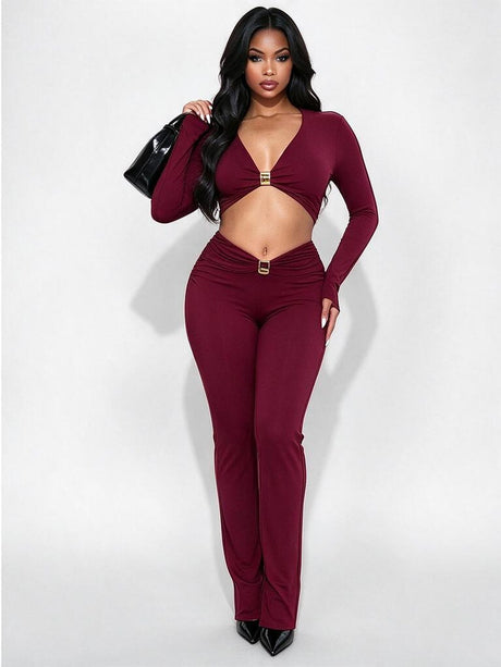 Metal Decoration Pleated Long-sleeved Top Tight High-waisted Trousers 2-piece Sets