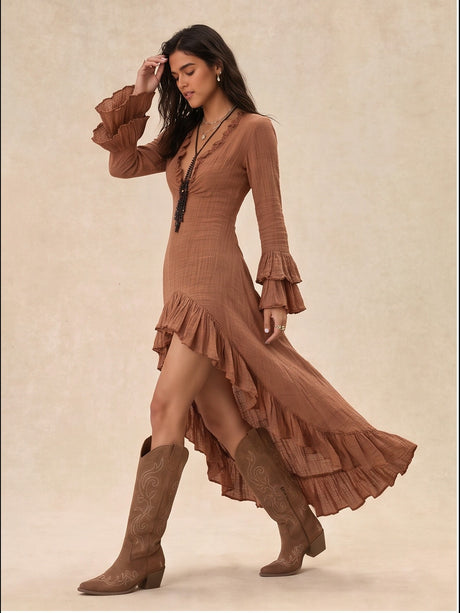 Bohemian-style Pleated Ruffled Irregular Long Dress