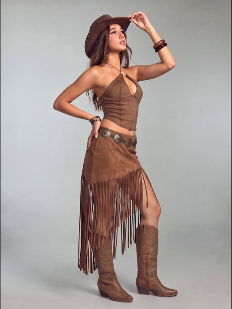 Brown High-waisted Faux Suede Tassel Skirt