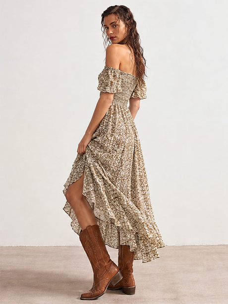 Floral Print Square Neckline And Puff Sleeves Maxi Dresses