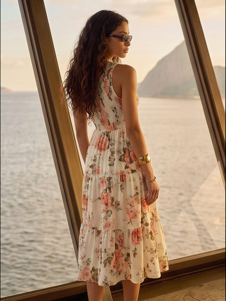Floral Print Round Neck Sleeveless Maxi Dresses