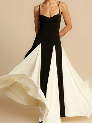 Black And White Color-blocked Long Slip Dress