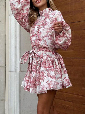 Elegant And Fashionable Long-sleeved Tie Printed Mini&Short Dresses