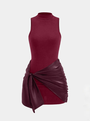 Sleeveless Mini Dress With Front Tie And PU Trim Two-piece Set