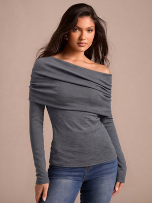 Wool Folded Off-shoulder Long-sleeved Sweater