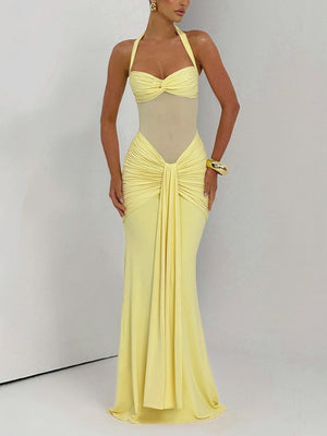 Neckband Lace Up Mesh Formal Dress Maxi Dresses