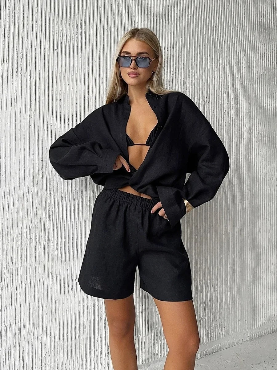 Loose-fit Long Sleeve Shirts Shorts Set 2-piece Sets