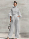 Chiffon Stand-up Collar Puff Sleeve High-waisted Draped Wide-leg Pants Two-piece Set