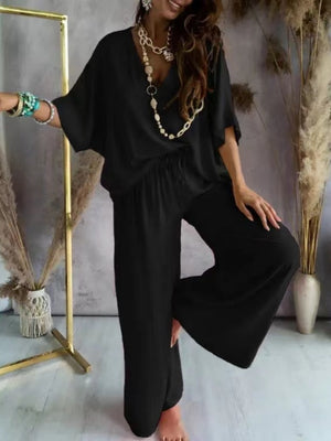 V-neck Batwing Sleeve Casual Loose Wide-leg Pants Two-piece Set