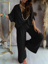 V-neck Batwing Sleeve Casual Loose Wide-leg Pants Two-piece Set