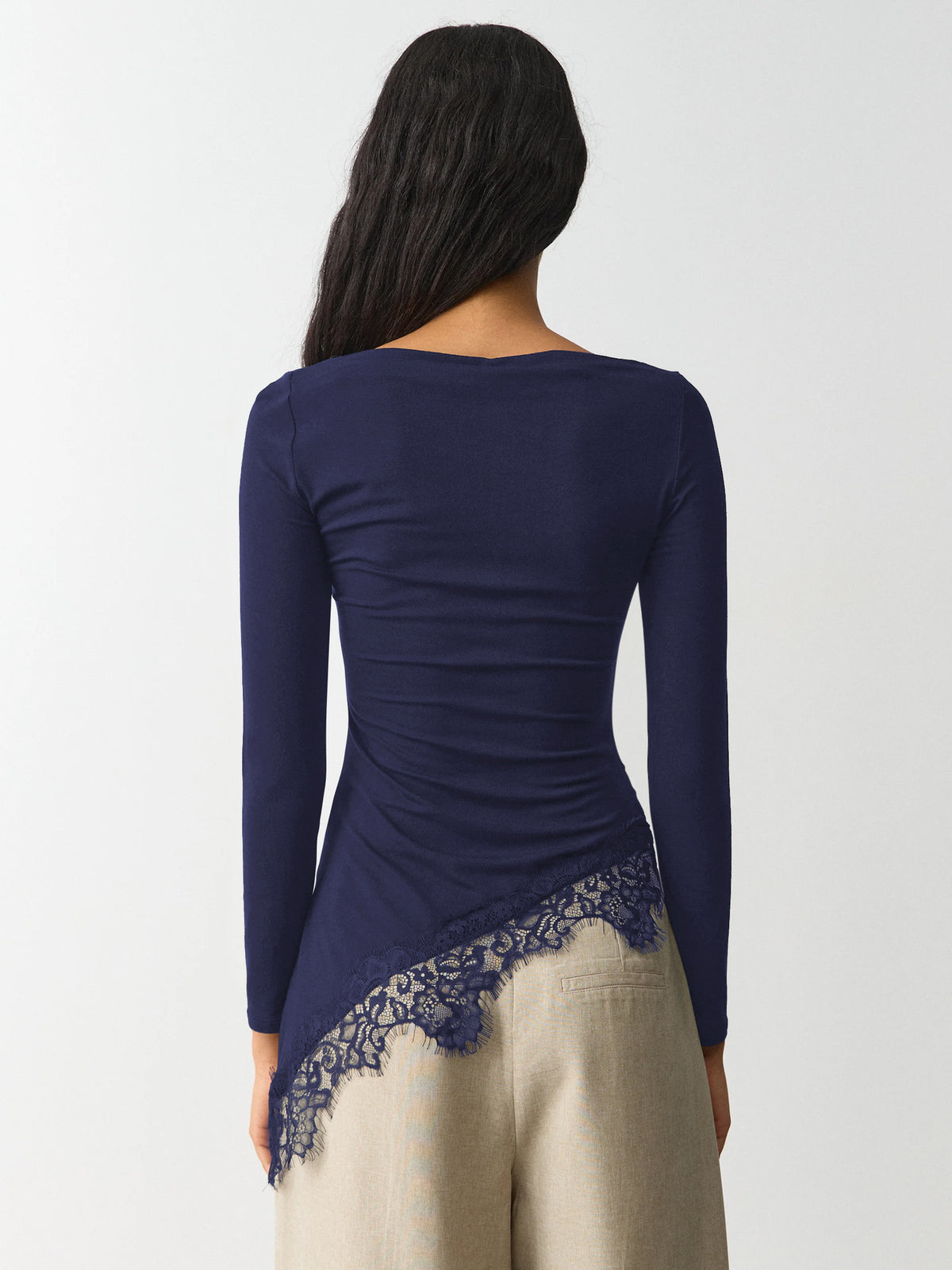 New Women's Simple Solid Color Design, Lace Trim And Slits At The Hem, Slim Fit Long Sleeve Top