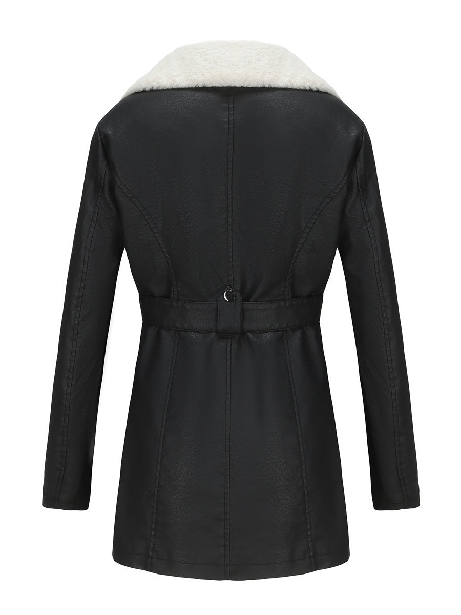 Long Sleeve Plush Lapel Double-ended Zipper With Belt Keep Warm Leather Jacket