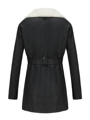 Long Sleeve Plush Lapel Double-ended Zipper With Belt Keep Warm Leather Jacket