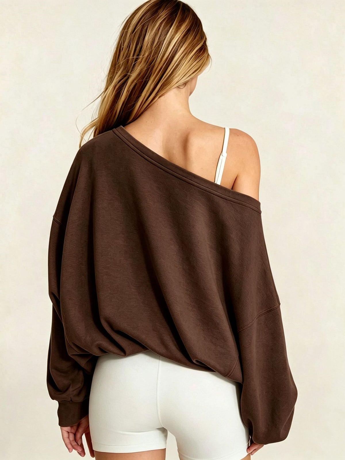 Women's Autumn/Winter Solid Color Off-Shoulder Long Sleeve Drawstring Hem Sweatshirt