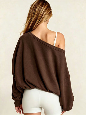 Women's Autumn/Winter Solid Color Off-Shoulder Long Sleeve Drawstring Hem Sweatshirt
