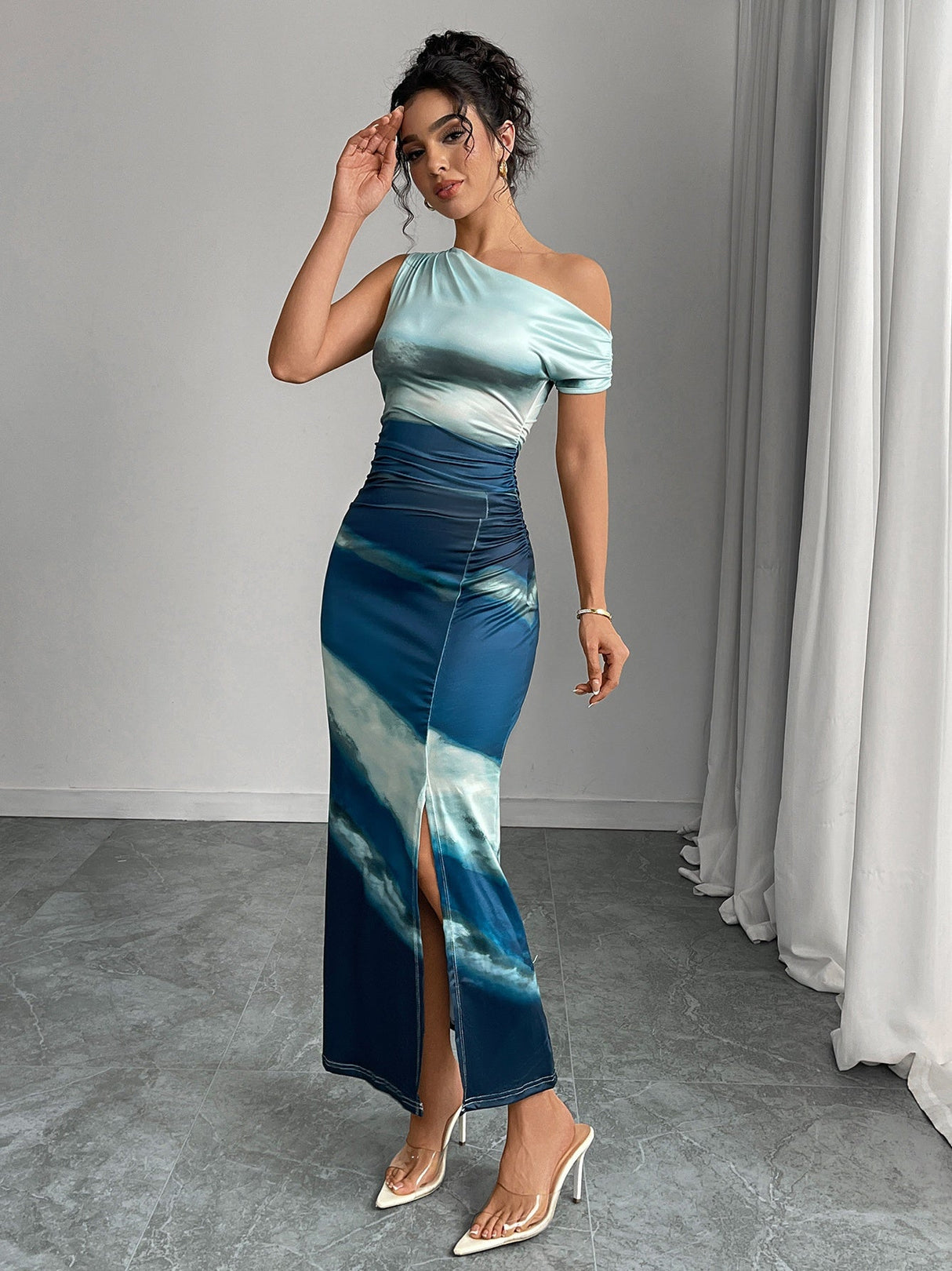 Sleeveless Sloping Shoulders Gradient Print Slim Fit Maxi Dresses