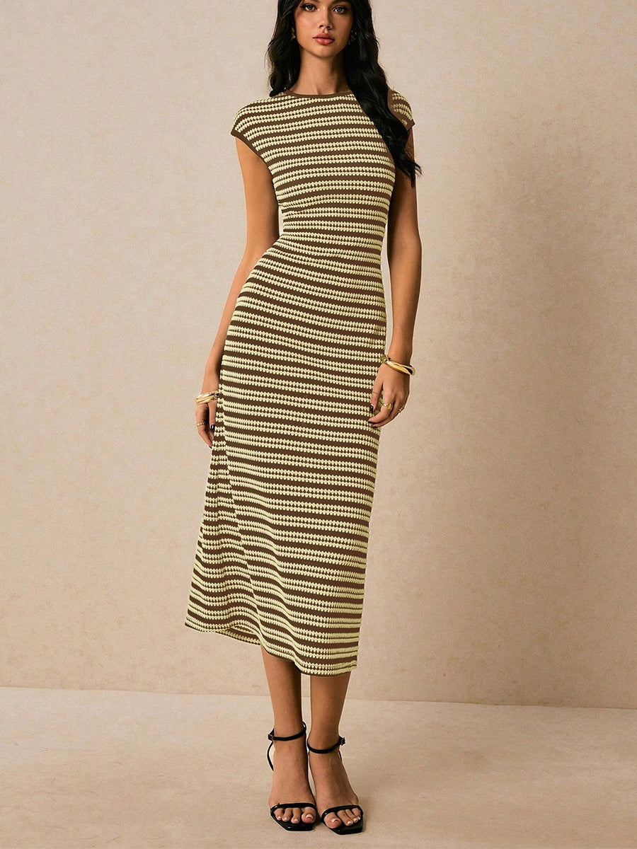 Stripes Knitting Sleeveless Slim Fit Midi Dresses