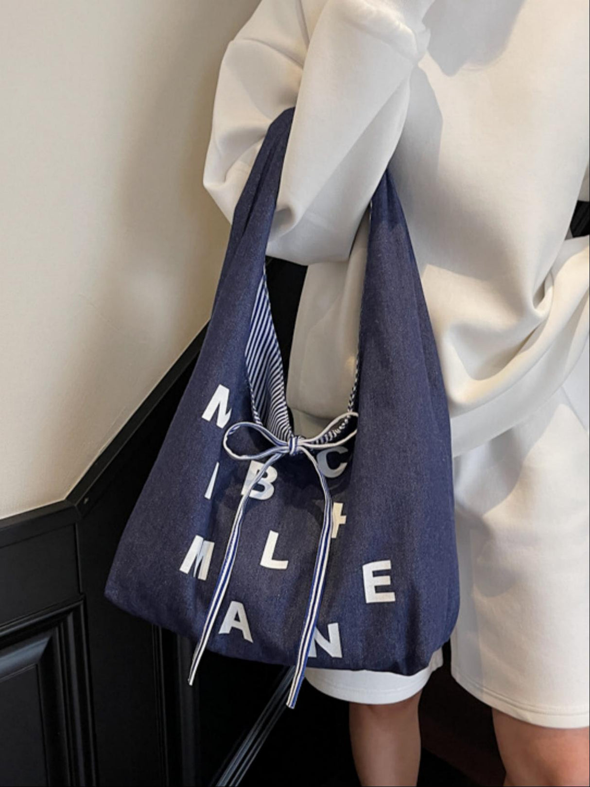 Sac bandoulière décontracté à rayures, grande capacité, avec imprimé lettres tendance et original