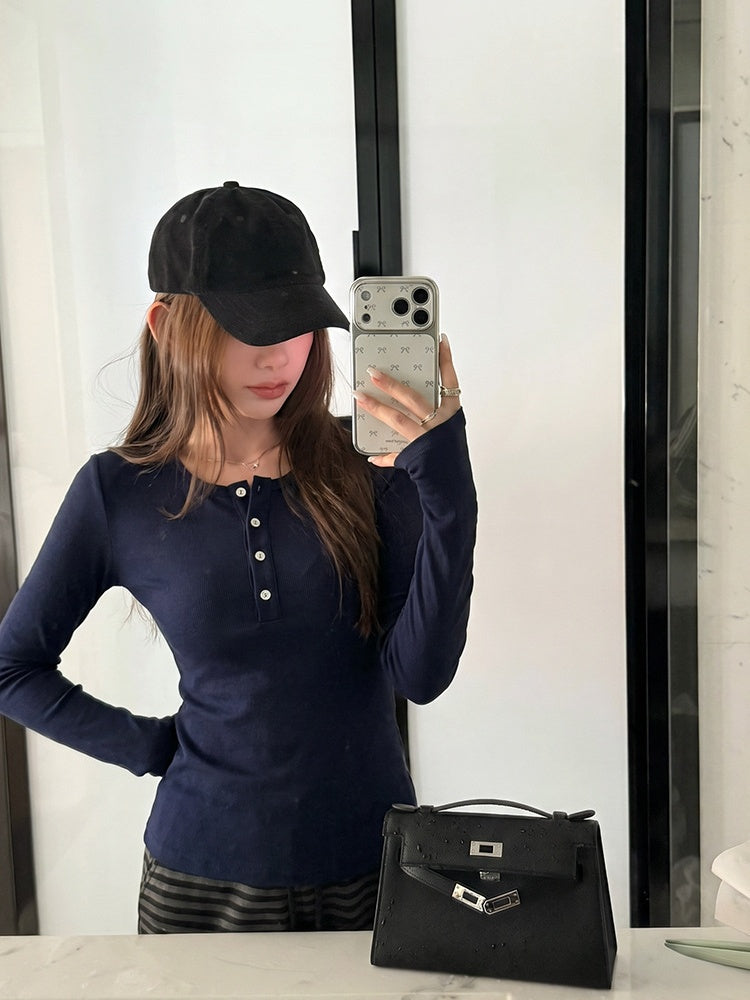 Korean Style Henley Collar Top With Straight Shoulders