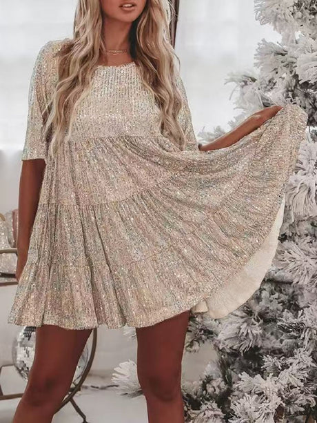 Sequins Crew Neck Loose Waist Short Sleeve Dress