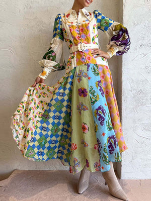 Botanical Floral Prints Balloon Sleeve Lapel Waist Long Sleeve Maxi Dresses