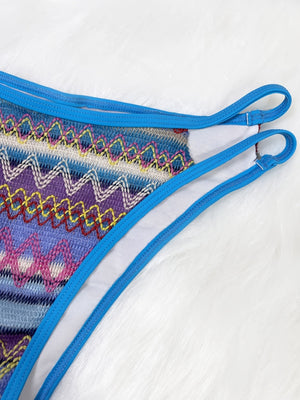 Knitted Color-blocked Striped Tie-up Bikini