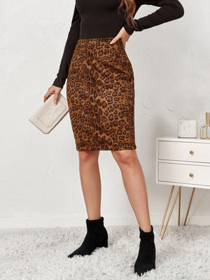 Leopard Suede Zipper High Waist Skirts