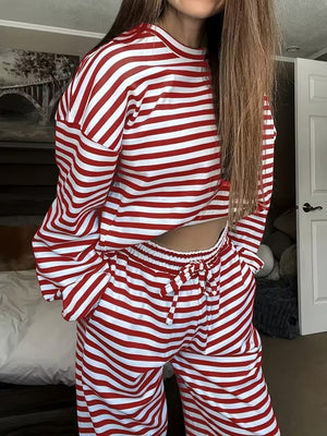 Striped Long-sleeved Top And High-waisted Trousers, Women's Fashionable And Casual Two-piece Set