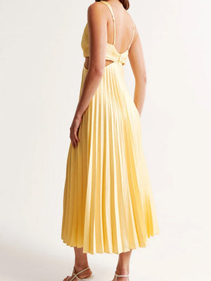 V-neck Sleeveless Open Back Pleated Long Dress