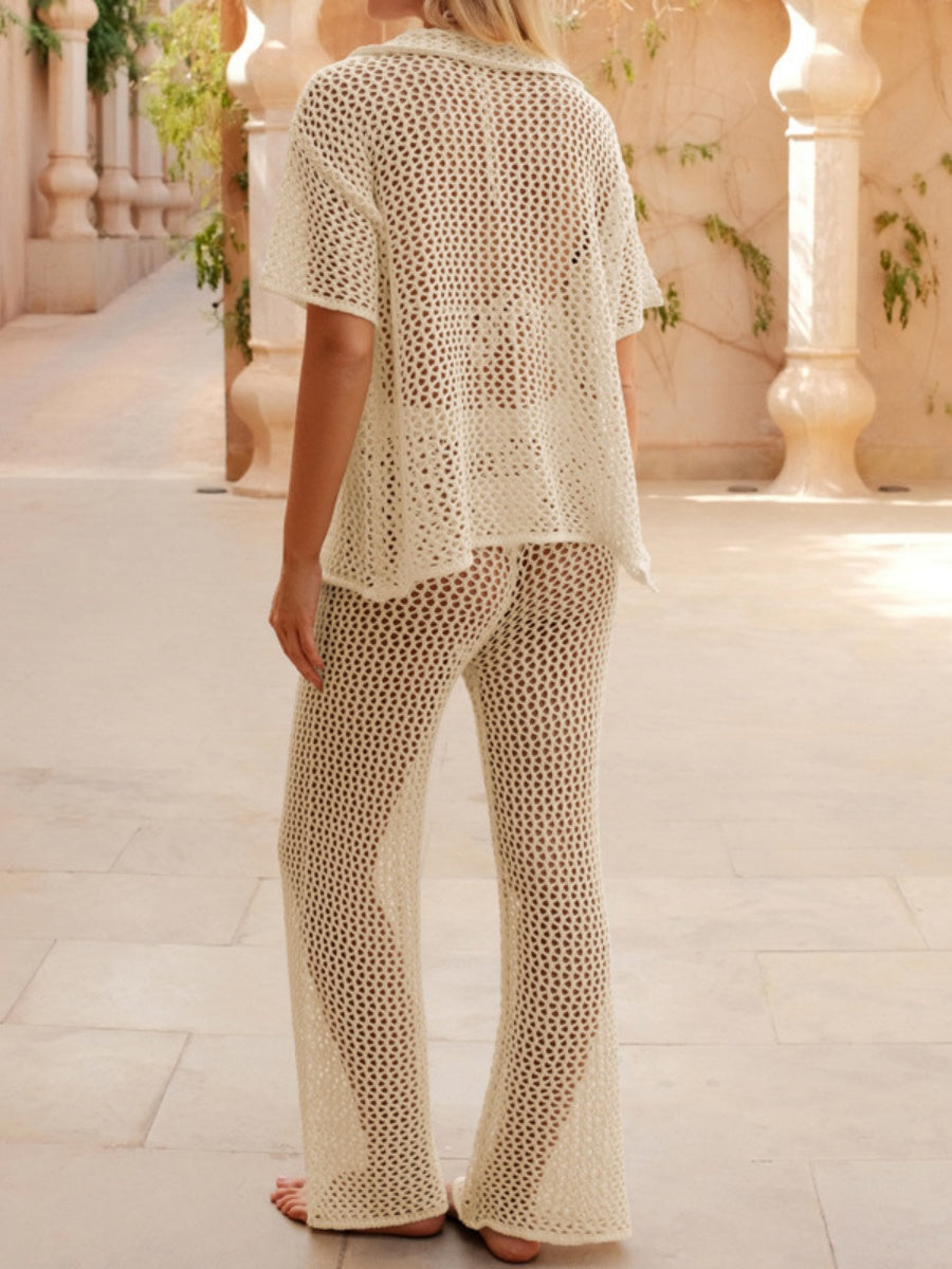 Loose-fitting Short-sleeved Shirt, Casual Trousers, See-through Cutout Sexy Vacation Sun Protection Beachwear
