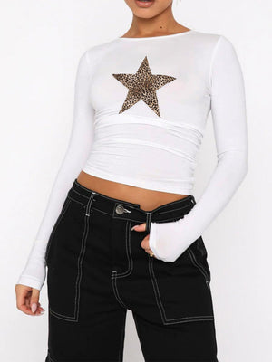 Simplicity Star Leopard Print Long Sleeve T-shirts
